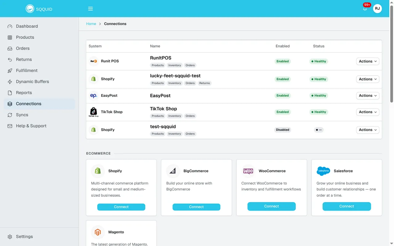 Connections list showing connected systems, enabled states, sync features, and Actions menus, with Connect cards below.