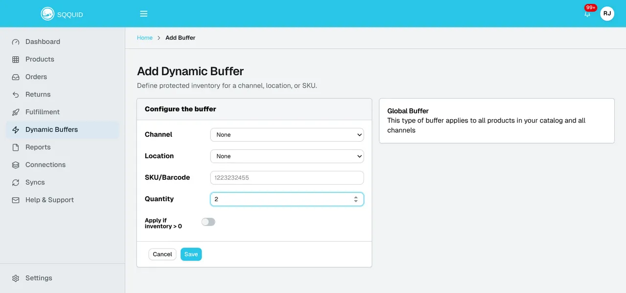 Add Dynamic Buffer form with Connection and Location set to None, a blank SKU, and a quantity of 2 for a global buffer.