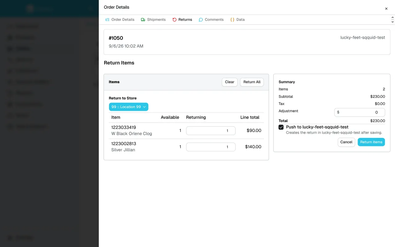Return form with a receiving store, available and returning quantities, a total, and the option to push to the sales Connection.