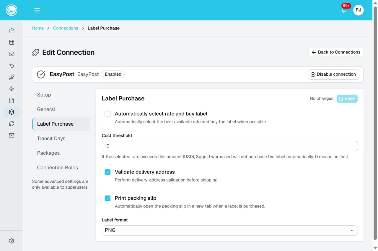 EasyPost Label Purchase settings showing automatic purchase, a cost threshold, address validation, packing-slip printing, and label format.