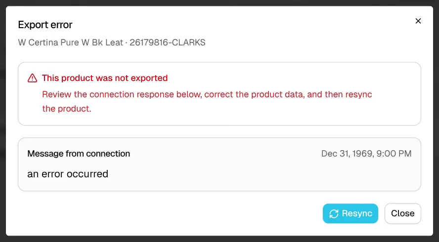 Export error dialog showing the affected product, the message from the Connection, and the Resync button.