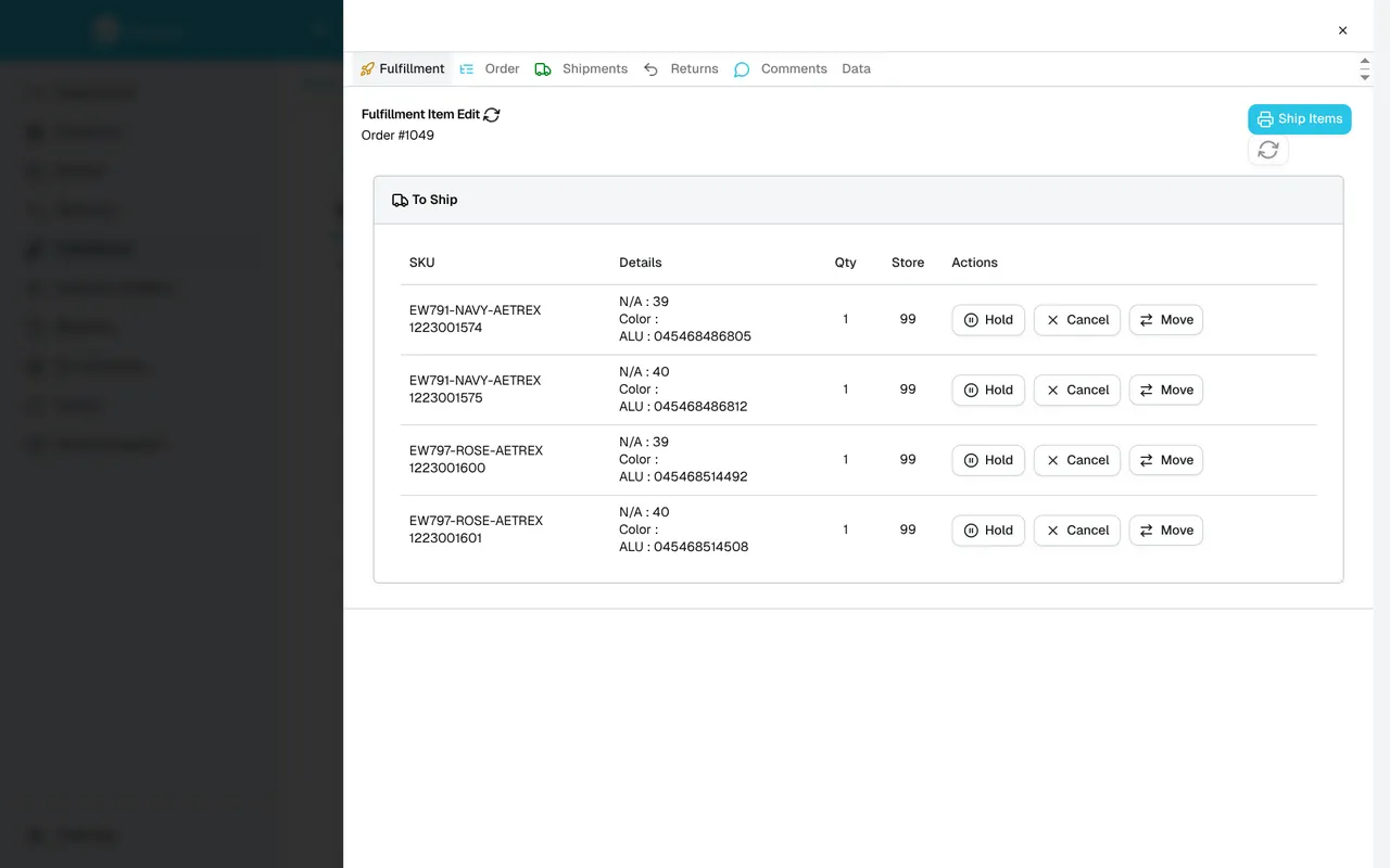 The Fulfillment tab with item quantities, assigned Store, and Hold, Cancel, and Move actions beside each line.