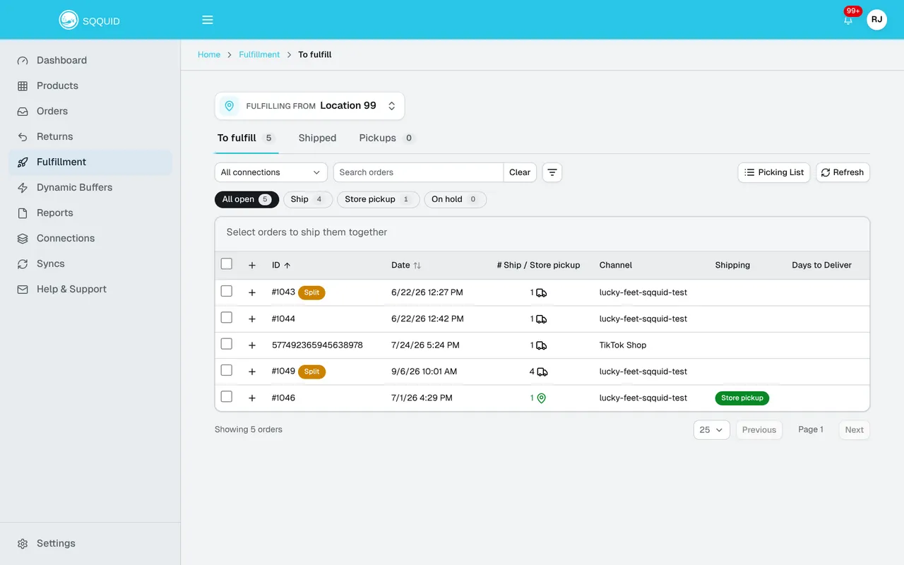 Fulfillment with the Location selector, To fulfill, Shipped, and Pickups views, search, and order filters.