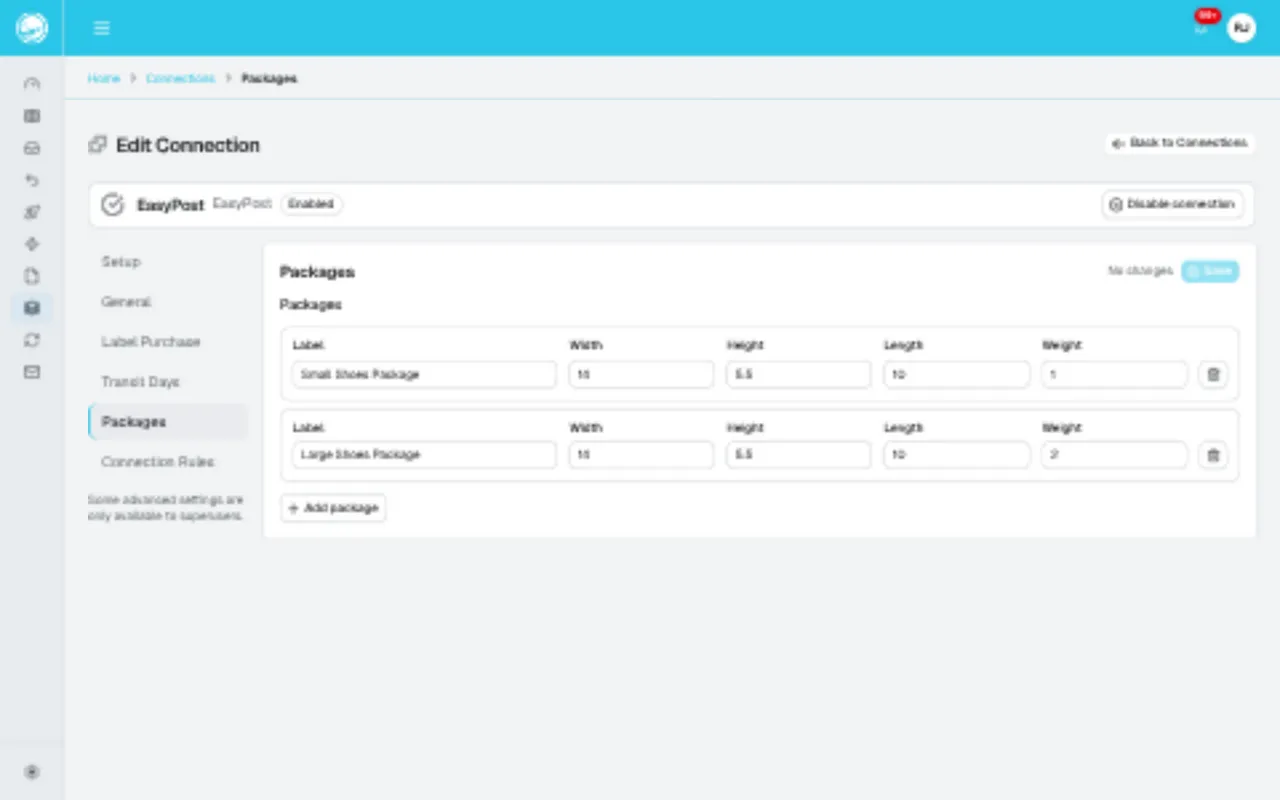 EasyPost Packages settings with two saved shoe packages, dimension and weight fields, Add package, and Save.
