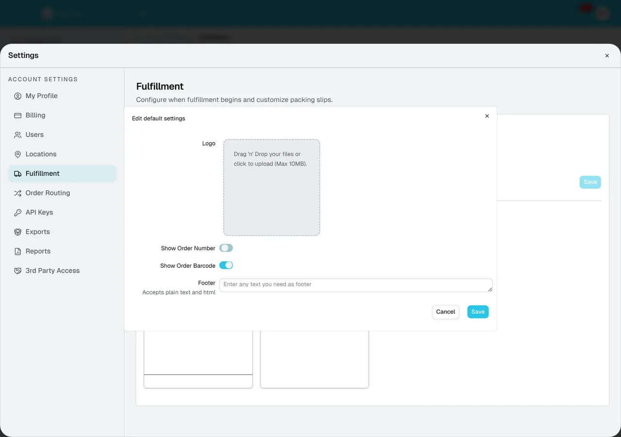 Default packing-slip editor with logo upload, order number and barcode switches, footer text, and Save.