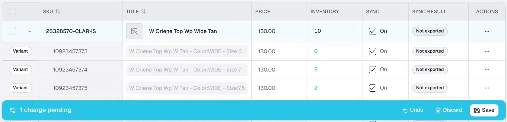A product title edit staged in the grid, with one change pending and Undo, Discard, and Save controls below.