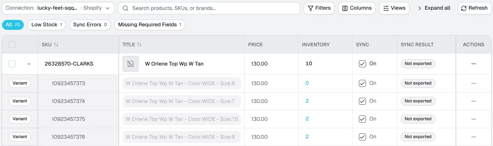 Products list with the Connection selector, search and filter controls, and an expanded product with its variants underneath.