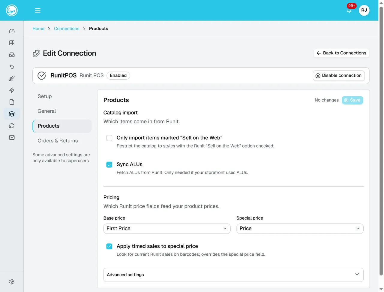 RunIt Products settings showing the Sell on the Web filter, Sync ALUs, base and special price sources, and timed-sale option.