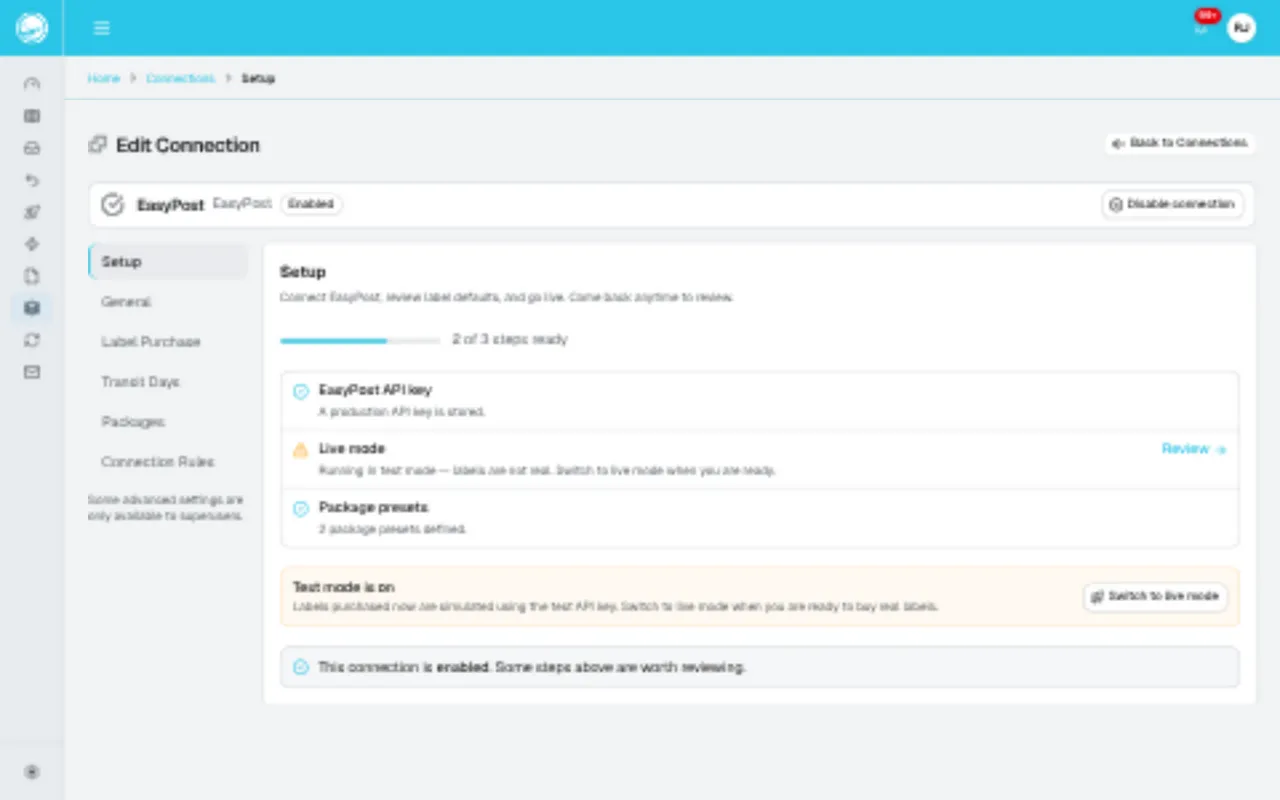 EasyPost Setup showing the API key check, saved package presets, and the test-mode notice with Switch to live mode.