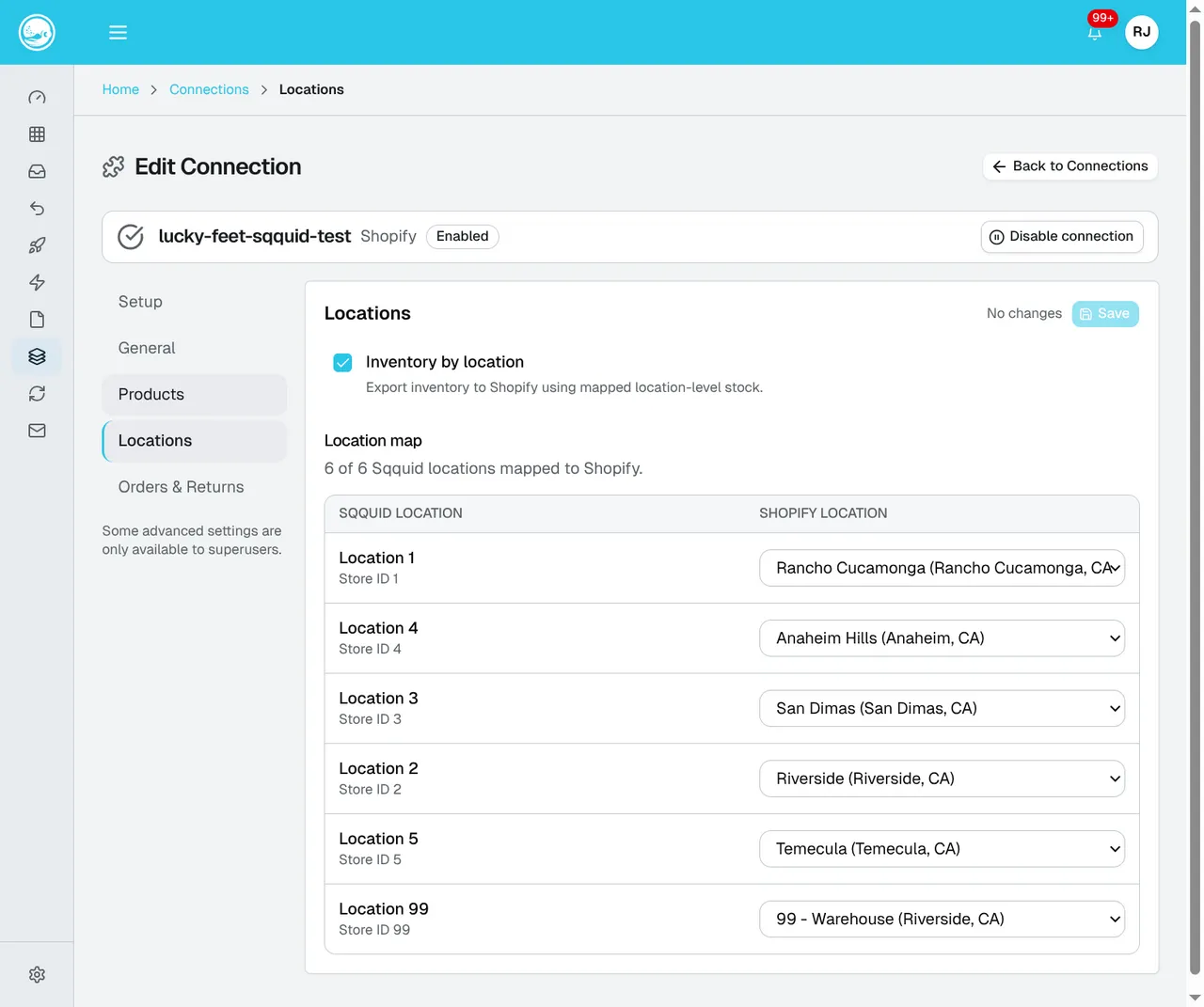 Shopify Locations settings with Inventory by location enabled and each Sqquid Location paired with a Shopify location.