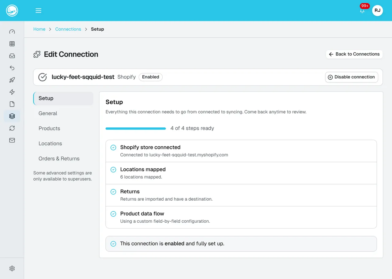 Shopify Setup checklist with checks for store authorization, location mappings, returns, and product data flow.